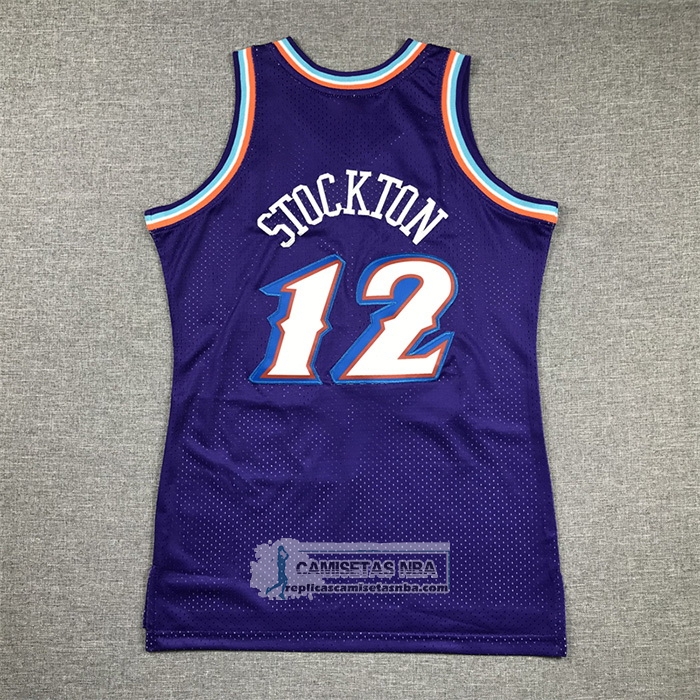 Camiseta Nino Utah Jazz John Stockton NO 12 Hardwood Classics Throwback 1996-97 Violeta